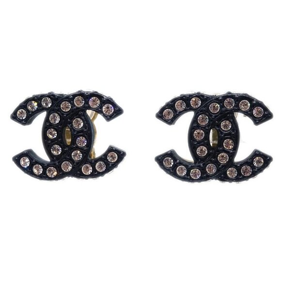 Chanel Black CC Earrings Rhinestone Clip-On 02A - Picture 1 of 4